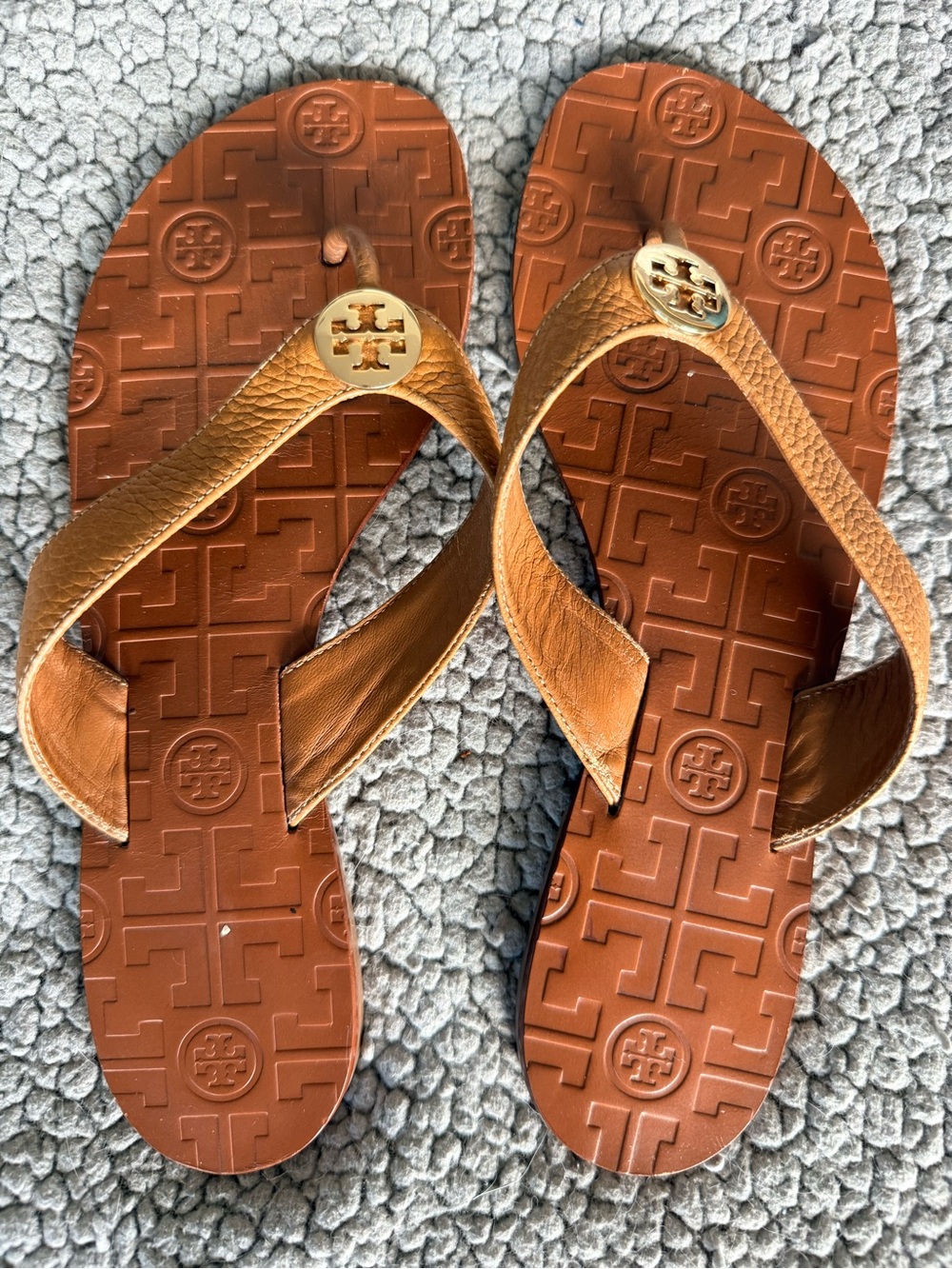 Tory Burch Tan Leather Logo Thong Sandals with Gold Medallions